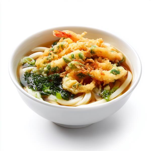 Thick udon noodles in a savory broth, topped with two crispy tempura shrimp, fish cake slices, green onions, and vegetables. S12. Tempura Udon