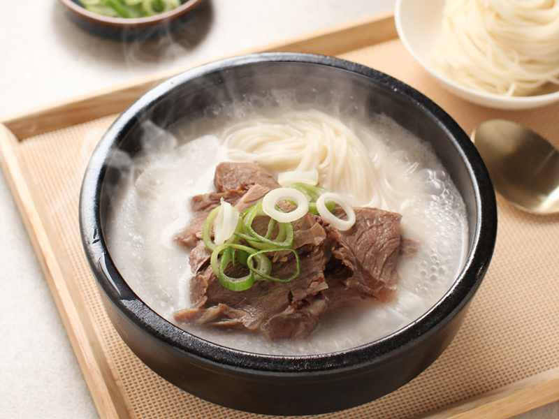 Milky beef bone soup with thinly sliced brisket — light, savory, and deeply comforting. Brisket Seolleongtang