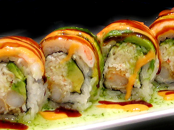 In : Shrimp Tempura Roll / Out : Cook Shrimp, Spicy Mayo, Eel Sauce, Crunch Tiger Roll