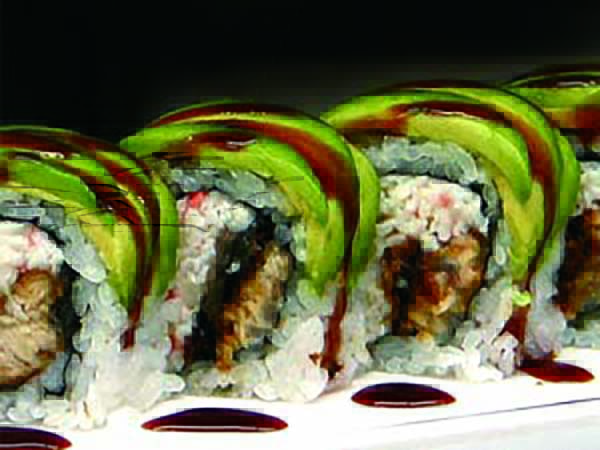In : Crabmeat, Eel, Cucumber / Out : Avocado, Eel Sauce Caterpillar Roll