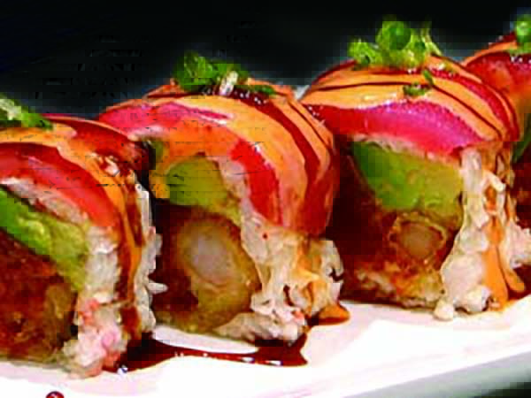 In : Crabmeat, Shrimp Tempura in Soy Paper / Out : Tuna, Avo, Eel Sauce, Spicy Mayo, Mustard Soy, Green Onion, Massago Bikini Roll
