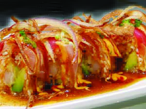 In : Crabmeat, Spicy Tuna, Shrimp Tempura, in Soy Paper / Out : Tuna, Albacor, Avo, Eel Sauce, Spicy Mayo, Murstard Soy, Green Onion, Massago Holiday Roll