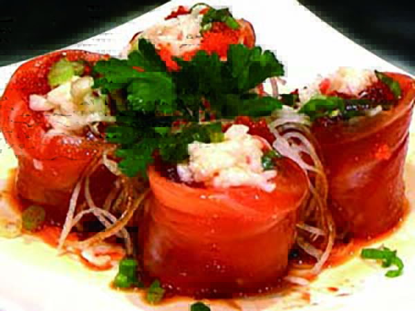 In : Spicy Crabmeat, Avo / Out : Salmon, Jalapeno, Eel Sauce, Mustard Soy Roly Poly Roll
