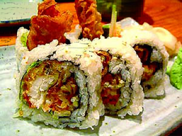 In : Crabmeat, Soft Shell Crab, Avo, Gobo, Cucumber, Sprout / Out : Crunch, Eel Sauce Spider Roll