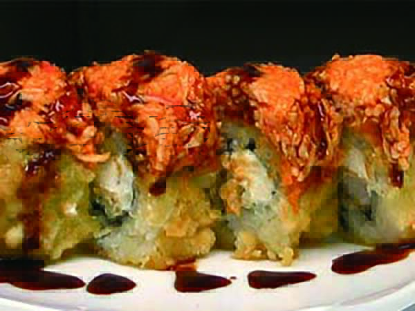In : Tempura Shrimp, Cream Cheese, Avo / Out : Spicy Crabmeat, Eel Sauce, Spicy Mayo, Crunch Golden Tiger Roll