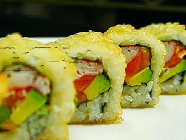 In : Salmon, Avo, Cream Cheese / Out : Eel Sauce Philadelphia Tempura Roll