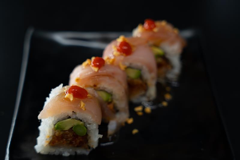 In: Sp. tuna, cucumber, asparagus | Out: Albacore | Top: Mustard dressing, fried garlic, Sriracha Garlic Albacore