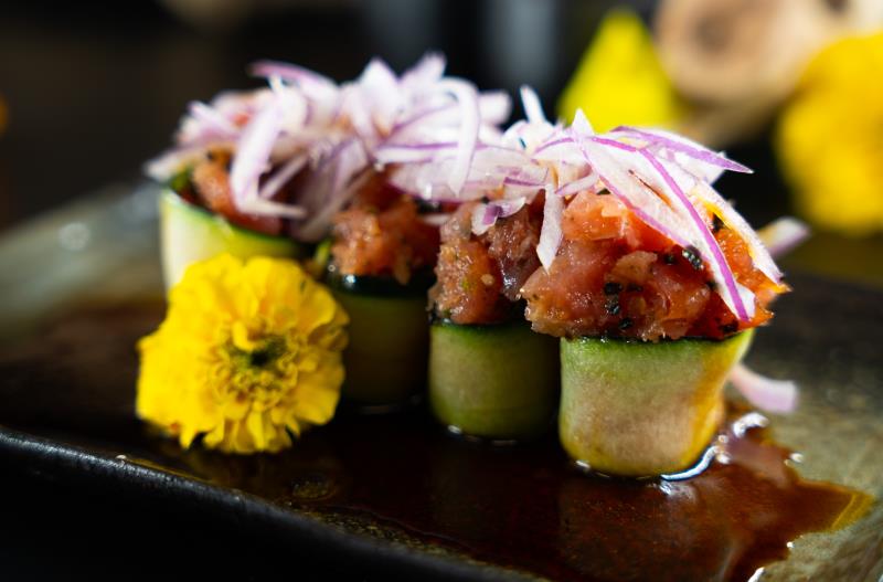 In: Sp. tuna wrapped cucumber | Out: Tuna poke | Top: Poke sauce Cucumber Poke