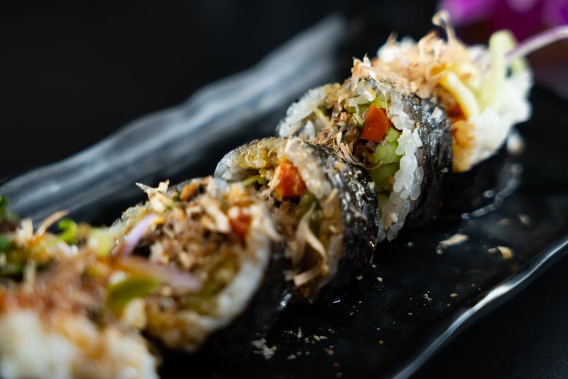 Cucumber, Gobo, Kaiware, Green Onion, Red Onion, Fish Flakes, Salmon Skin Salmon Skin Roll