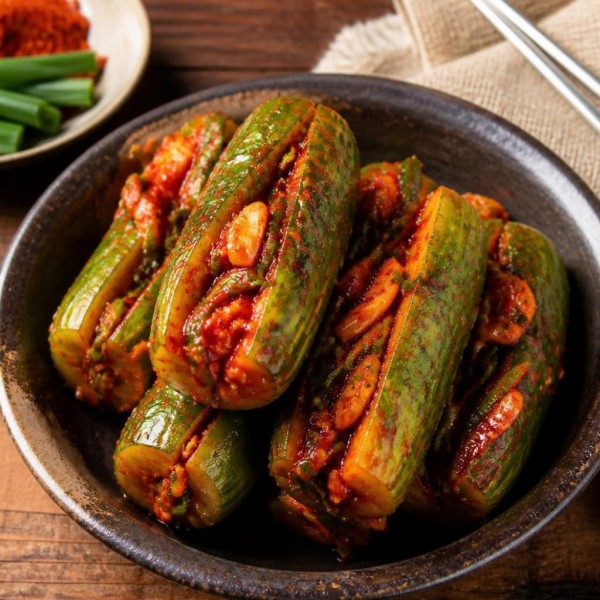 Crisp cucumbers stuffed with a zesty chive and gochugaru filling — a refreshing, tangy Korean kimchi perfect alongside any meal.
아삭한 오이 속에 부추와 고춧가루 양념을 채워 넣어 새콤하고 알싸한 맛이 일품인 여름철 별미 김치입니다. Stuffed Cucumber Kimchi