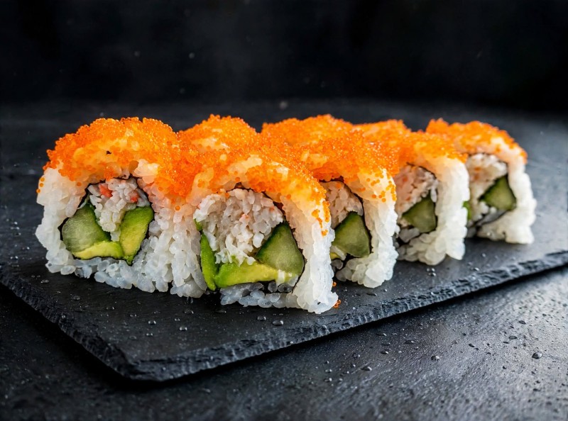 Crab, Avocado & Cucumber inside. Masago on top Golden California Roll