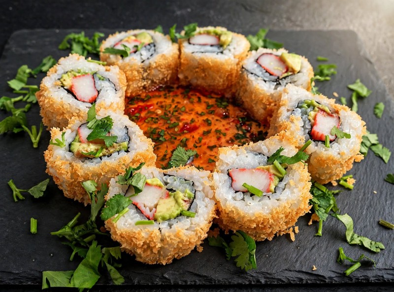 King Crab mix, Avocado inside. Crunch outside. Cilantro and Sweet Chili Sauce. King Crab Roll