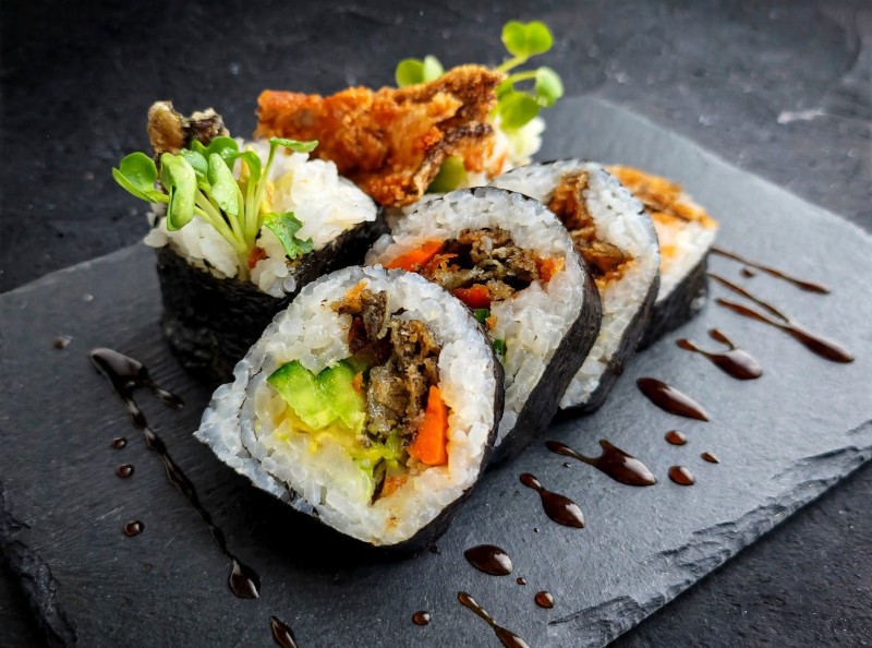 Salmon Skin, Yamagobo, Cucumber, Kaiwari, Avocado. Salmon Skin Roll
