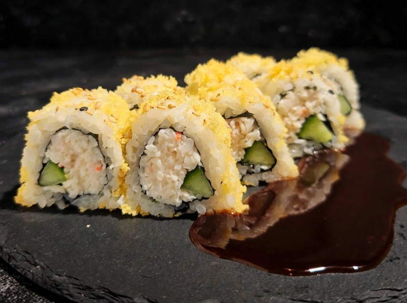 Crabmix, Cucumber inside. Crunch bit on top. Eel Sauce. Tootsy Roll