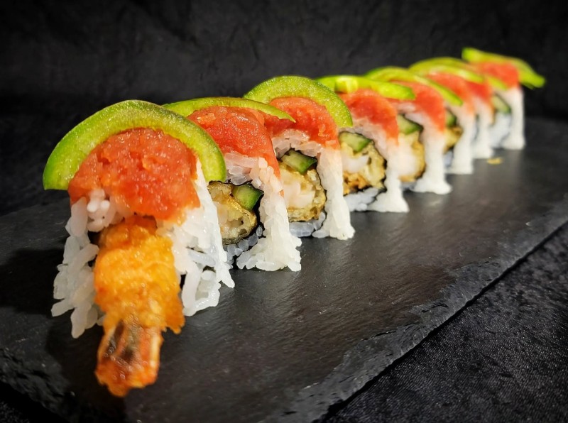Shrimp Tempura, Cucumber inside. Spicy Tuna, Jalapeno on top. Eel Sauce, Spicy Mayo on top Asu Roll