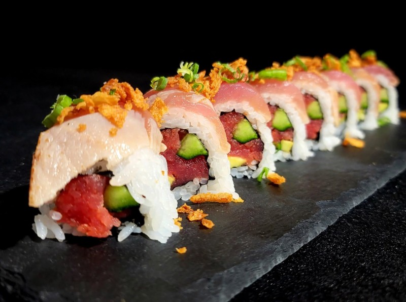 Spicy Tuna, Avocado, Cucumber inside. Albacore, Fried Onion on top. Tataki Sauce on top. Gold Star Roll