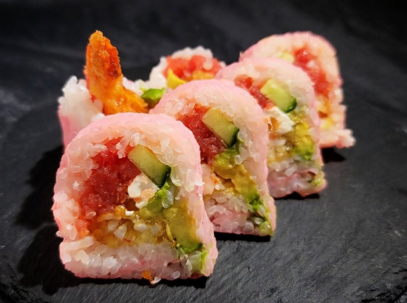 Shrimp Tempura, Spicy Tuna, Cucumber, Avocado, Cream Cheese wrapped with Soy Paper. Jacky Roll