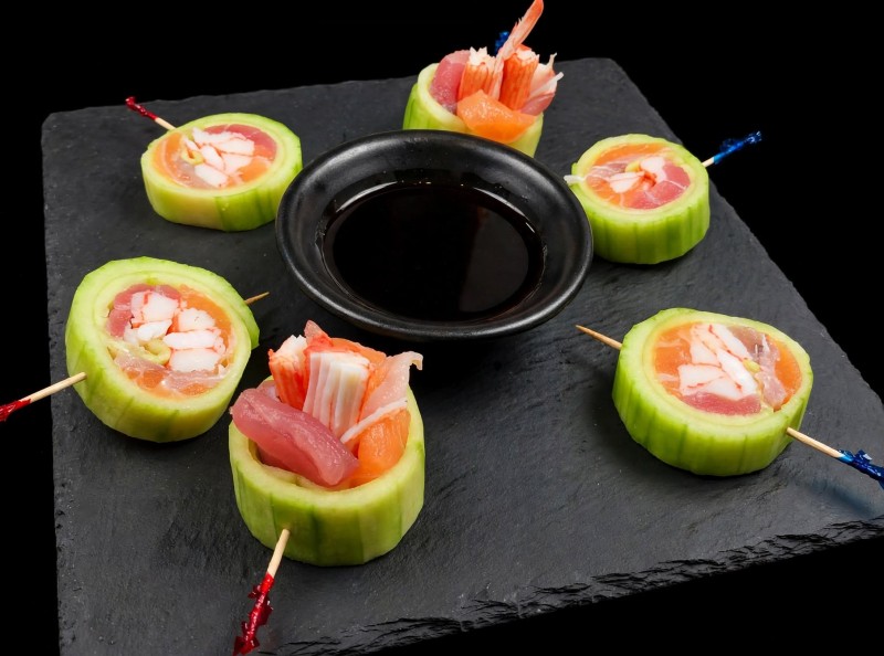 Tuna, Salmon, Yellowtail, White Fish, Crab, Shrimp, Kayiwari, Avocado. Wrapped with Cucumber.(No Rice) Lolly Pop