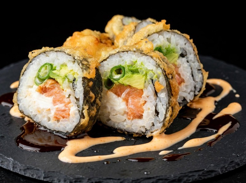 Smoked Salmon, Avocado, Cream Cheese, Green Onion inside. Deep Fry. Eel Sauce Spicy Mayo Sauce on top. Shogun Roll