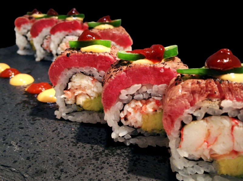 King Crab Mix, Avocado inside. Seared Tenderloin, Jalapeno, Korean Hot Paste on top. Surf & Turf