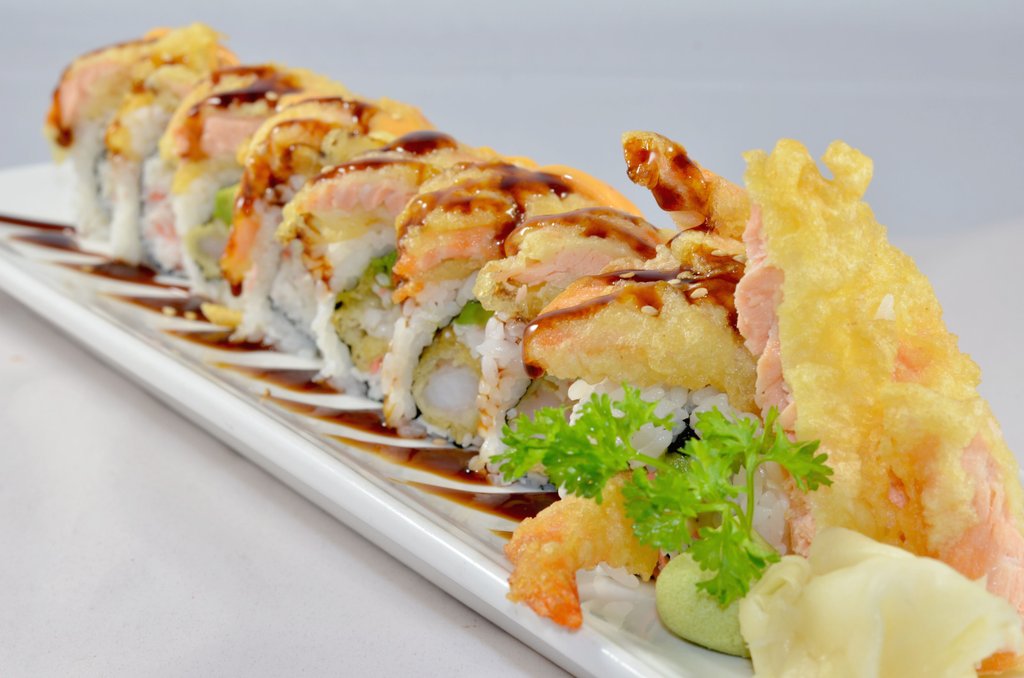 Shrimp Tempura, Crab, Avocado on Salmon Tempura w/ Unagi Sauce, Spicy Mayo Salmon Tempura Roll