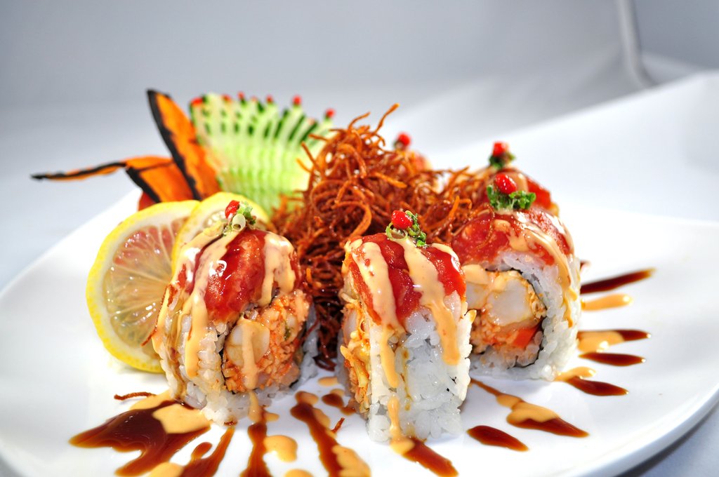 Salmon, Crab, Avocado on Spicy Tuna w/ Crispy Pastry w/ Unagi and Spicy Mayo Geisha Roll