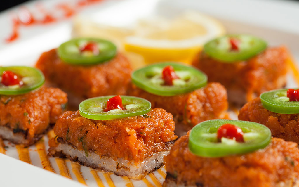Deep Fried Rice on spicy tuna w/ Jalapeño and Sweet Sauce Crispy Rice Spicy Tuna